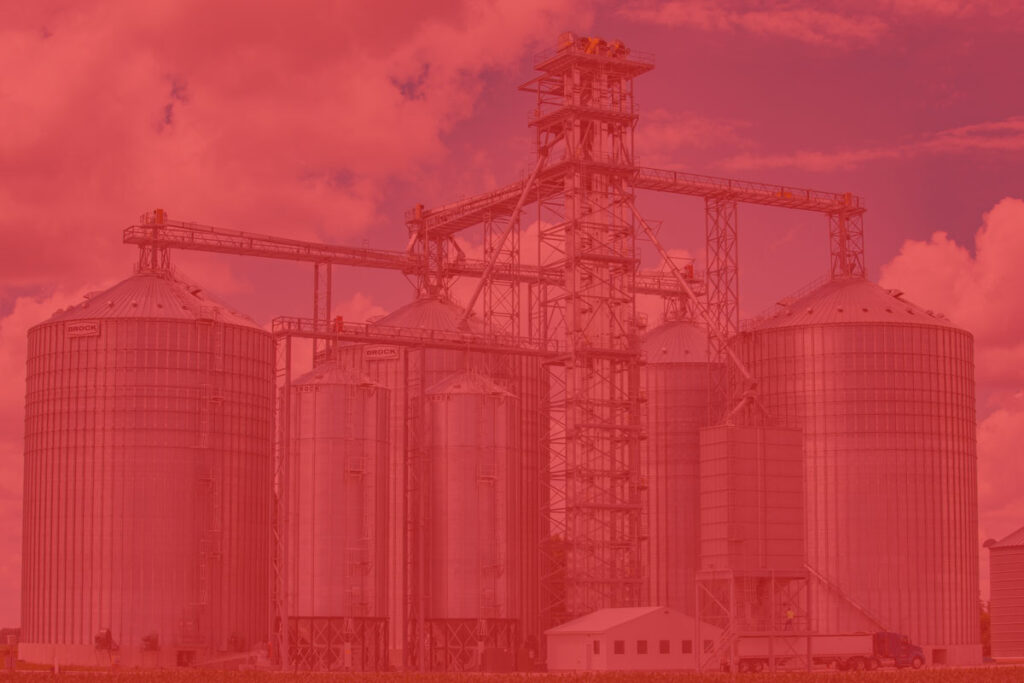 Grain elevators with a red overlay